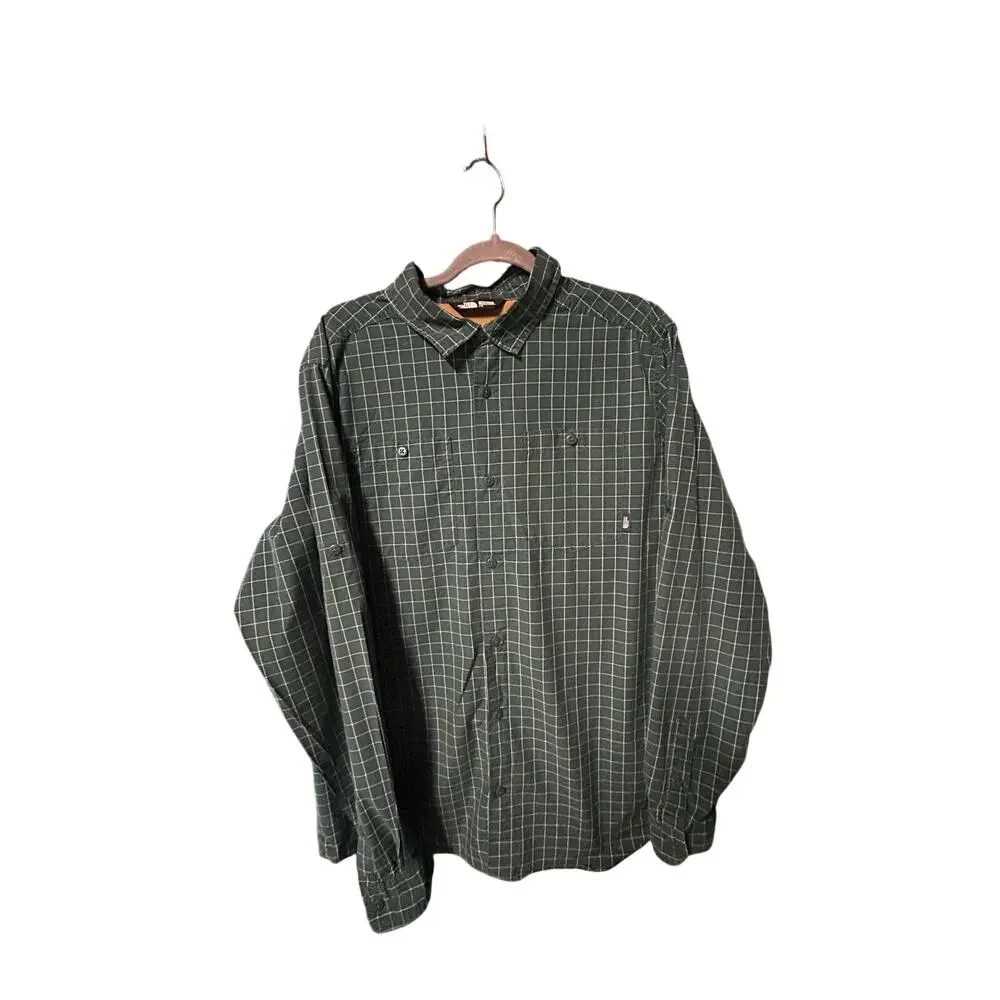 The north face men's green long sleeve button-up activewear casual shirt L